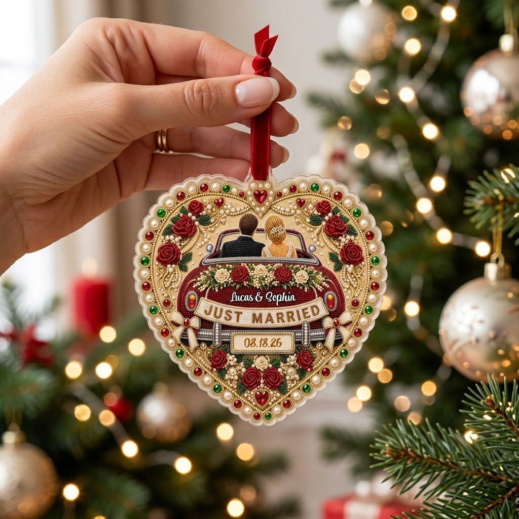 Personalized Just Married Vintage Car Heart Acrylic Ornament