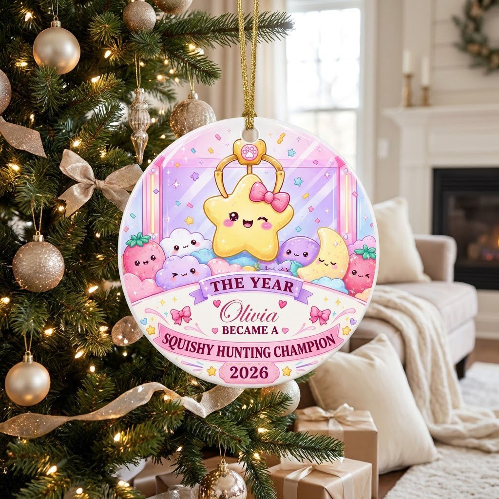 Round ceramic ornament with a claw machine and winking star, personalized with a name and year in pastel colors.