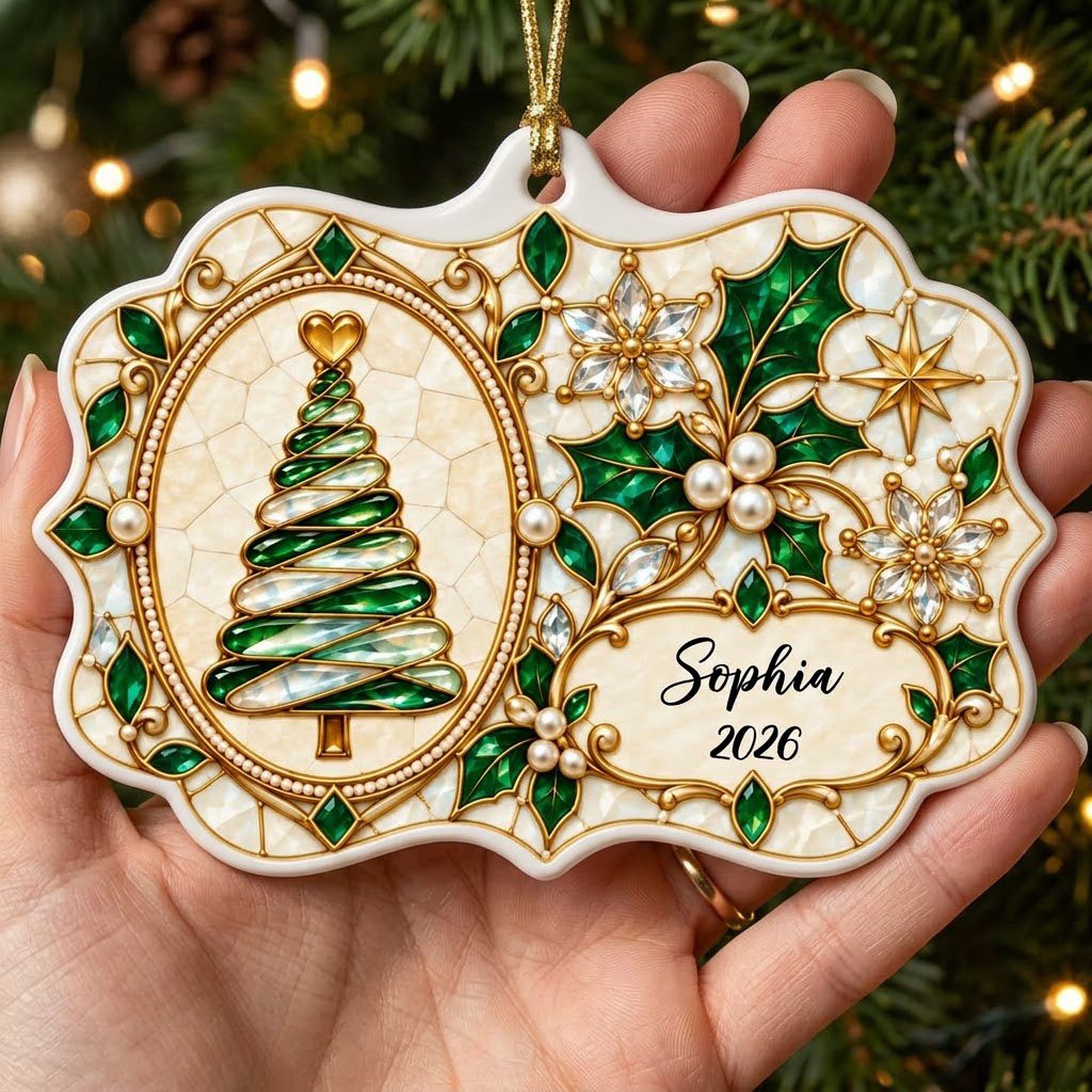 Scalloped ceramic ornament with emerald swirl tree, gold filigree, pearl accents, and a name-and-year cartouche.