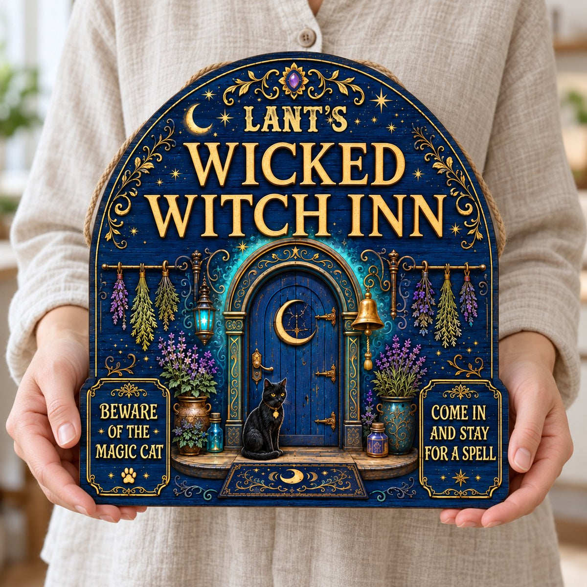 Custom-cut arched blue door wooden sign with black cat, crescent moon, herbs, lantern, bell, lavender and witchy plaques