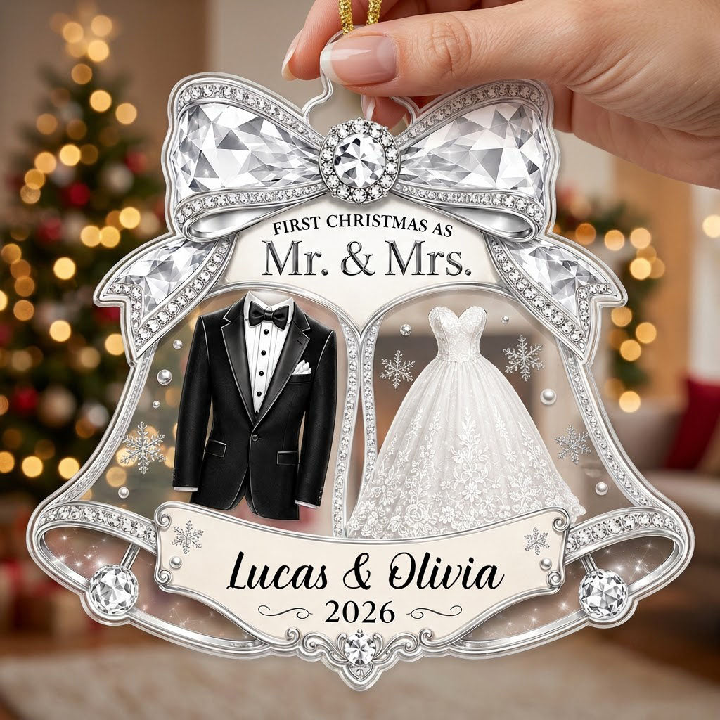 Double bell acrylic ornament with tuxedo, wedding gown, silver bow, and FIRST CHRISTMAS AS Mr. & Mrs. text.