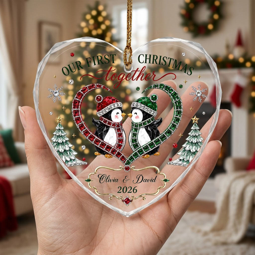 Heart-shaped stained glass suncatcher with two penguins in red and green scarves, jeweled trees, and silver snowflakes