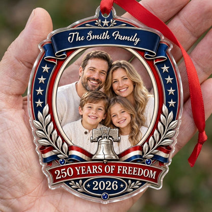 Custom-cut acrylic ornament with patriotic frame, center photo, silver Liberty Bell, laurel branches and blue star bands