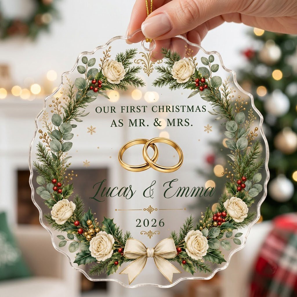 Personalized Our First Christmas as Mr & Mrs Acrylic Ornament, Custom Wedding Rings Floral Wreath Keepsake