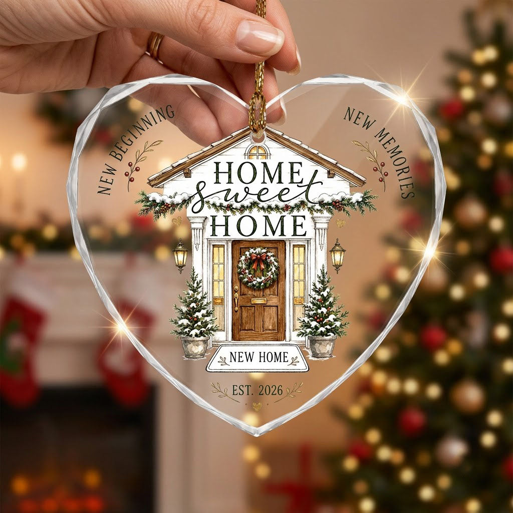 Home Sweet Home Winter Front Porch Heart Glass Ornament