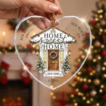 Home Sweet Home Winter Front Porch Heart Glass Ornament