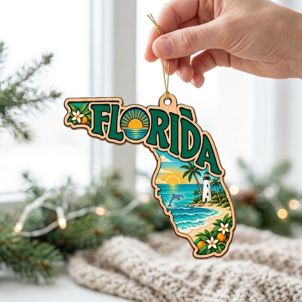Florida state wood ornament with "FLORIDA", beach waves, dolphin, lighthouse, palm trees, and orange blossoms.