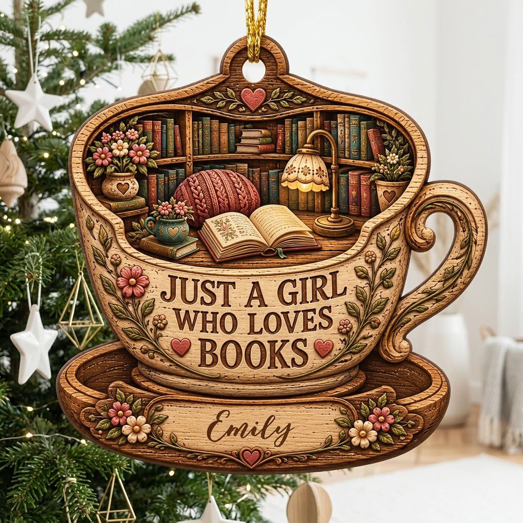 Teacup-shaped wood ornament with cozy library scene and 'JUST A GIRL WHO LOVES BOOKS' plus a personalized name.