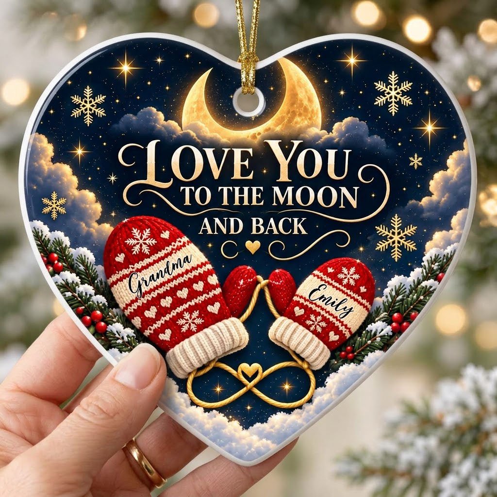 Heart ceramic ornament with golden crescent moon, red mittens, snowflakes and pine, personalized with two names.