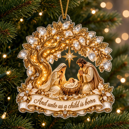 Acrylic ornament with Mary, Joseph and Baby Jesus under a radiant star, golden tree accents and a red ribbon.