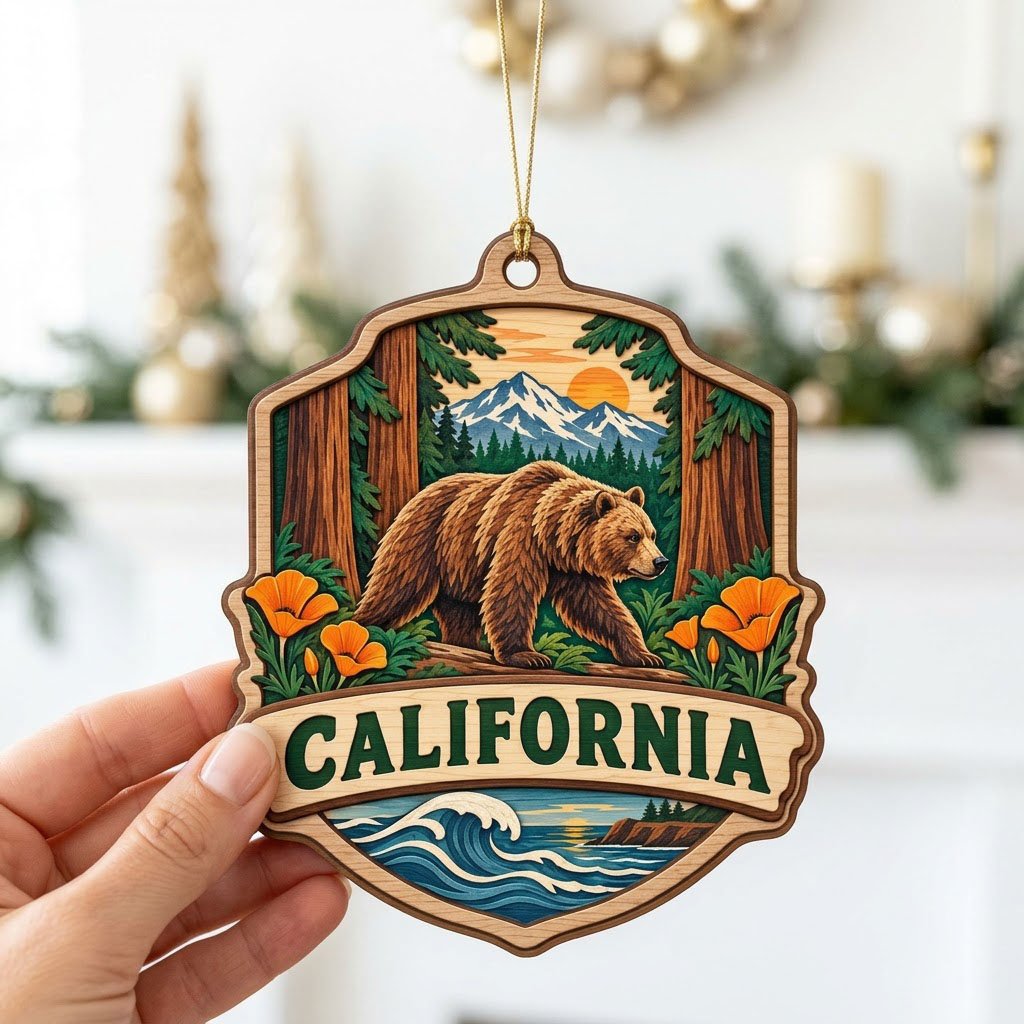 Shield-shaped wood ornament reading CALIFORNIA with bear on log, poppies, redwoods, mountains, and ocean waves.