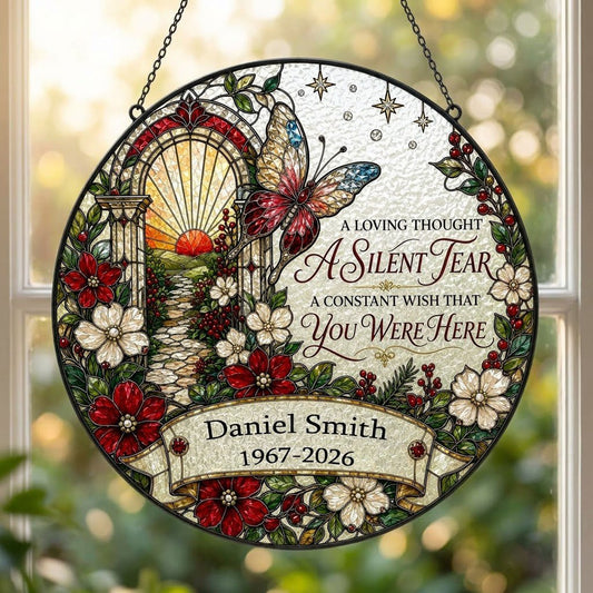 Personalized Butterfly Sunrise Pathway A Silent Tear Memorial Stained Glass Round Suncatcher