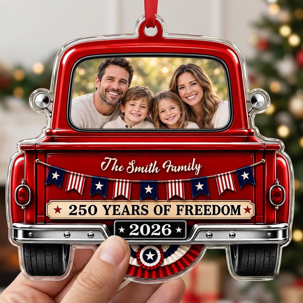 Red vintage pickup truck acrylic ornament with family photo window, 2026 and 250 YEARS OF FREEDOM text.