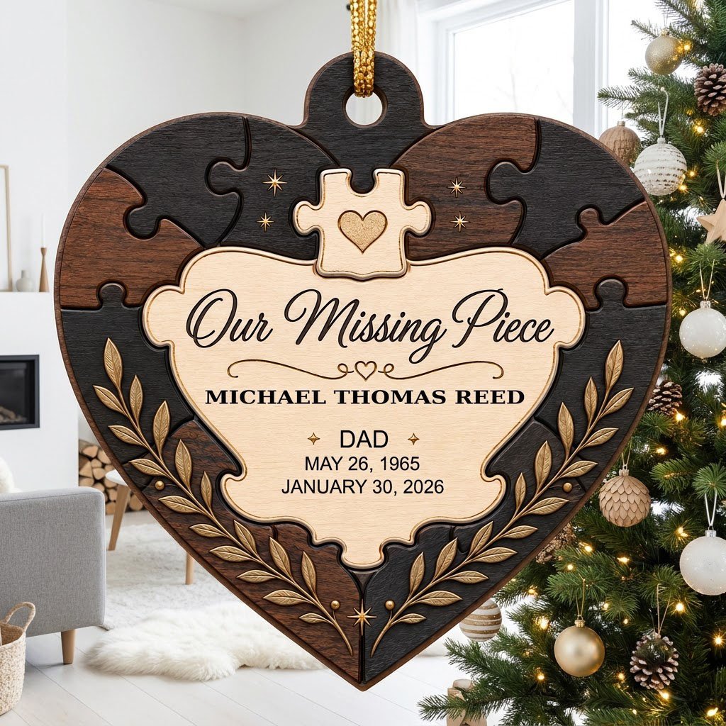 Heart wood ornament with puzzle-piece frame, Our Missing Piece title, laurel accents, personalized with name and dates.