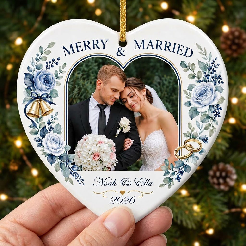 Heart ceramic ornament with “MERRY & MARRIED,” dusty blue florals, wedding bells, rings, and a heart-shaped photo frame.