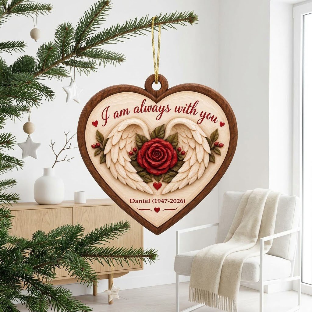 Heart-shaped wood ornament with angel wings around a red rose and the words 'I am always with you'.