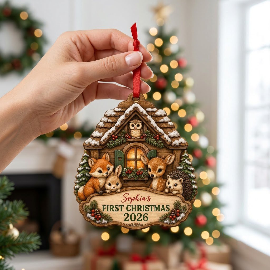 Personalized Woodland Cabin Baby's First Christmas Wood Ornament, Custom Keepsake