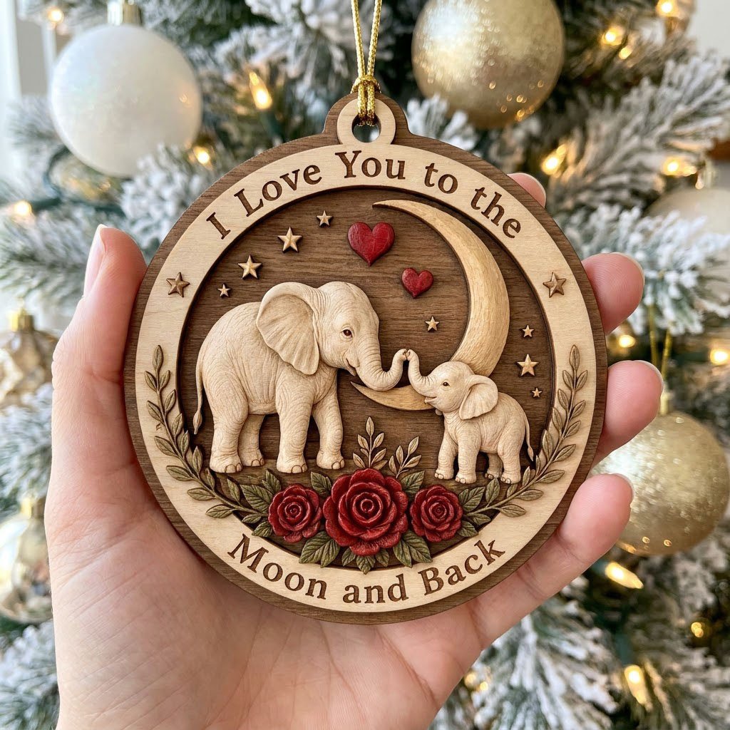Round wood ornament with adult and baby elephants touching trunks under a crescent moon, red hearts, stars, and roses