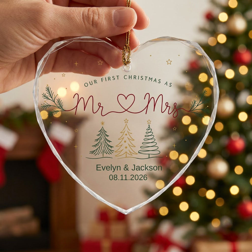 Personalized Our First Christmas as Mr & Mrs Minimalist Trees Heart Glass Ornament