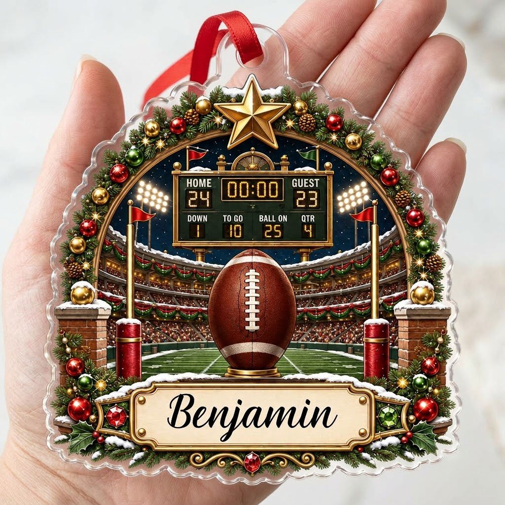 Acrylic ornament with football on a tee, stadium scoreboard, and pine garland border with a name banner.