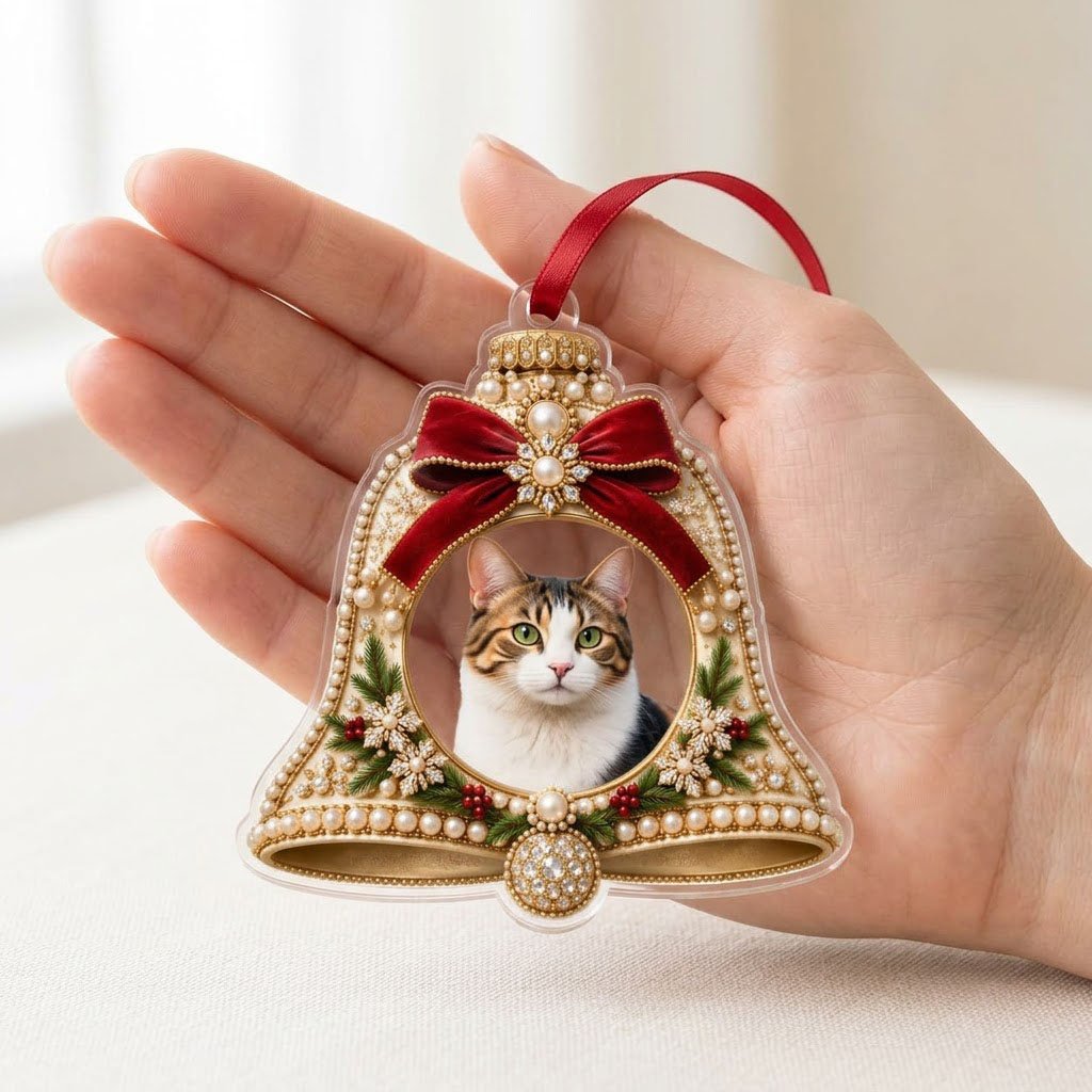 Bell-shaped acrylic ornament with red velvet bow, pearl and gold accents, and a central circular photo frame.