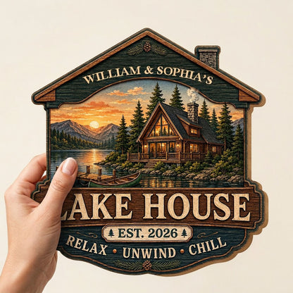 Personalized Lake House Cabin Roof Sunset Wooden Hanging Sign