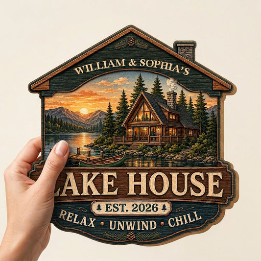 Personalized Lake House Cabin Roof Sunset Wooden Hanging Sign