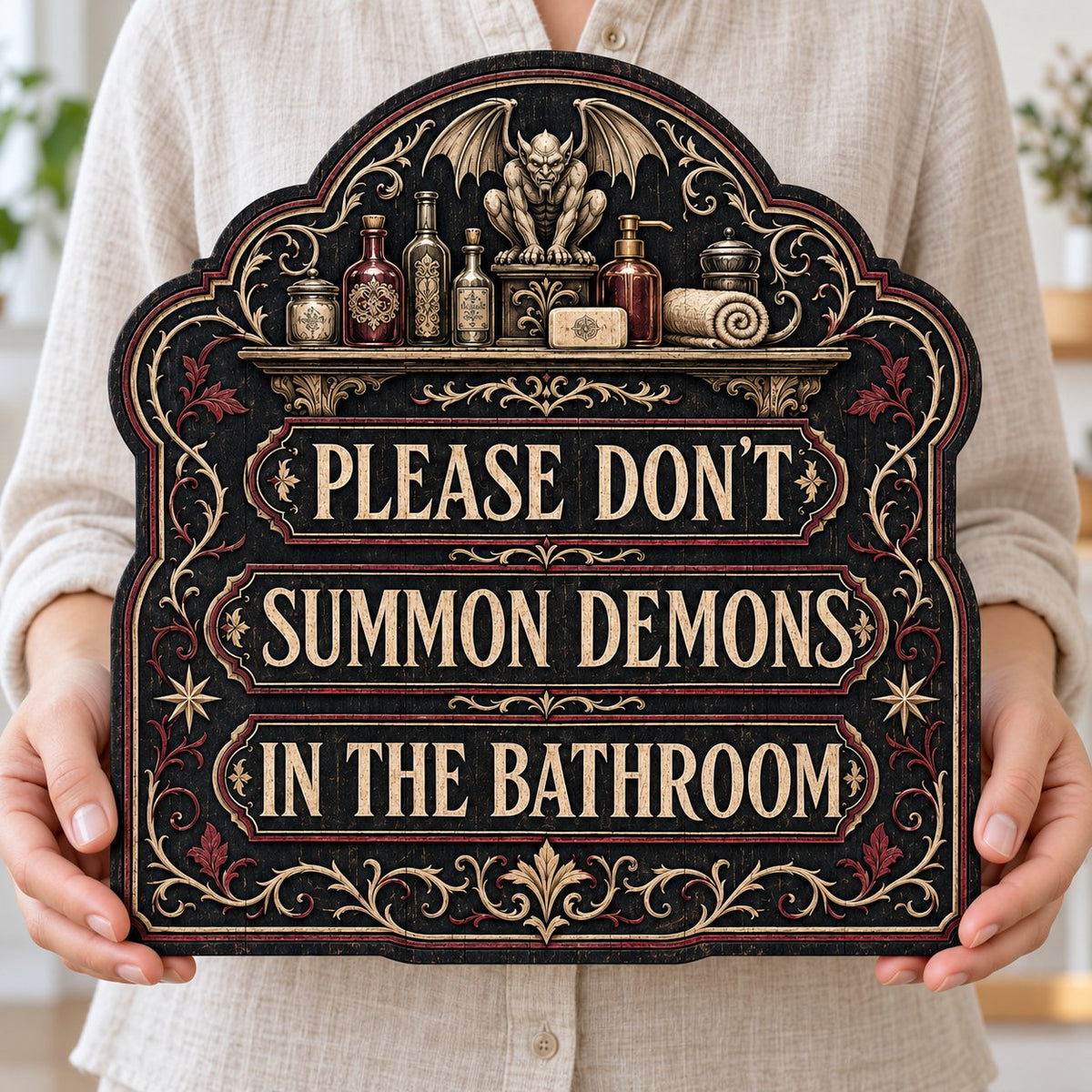 Ornate arched wooden sign with a gargoyle shelf and the message Please Don't Summon Demons in the Bathroom.