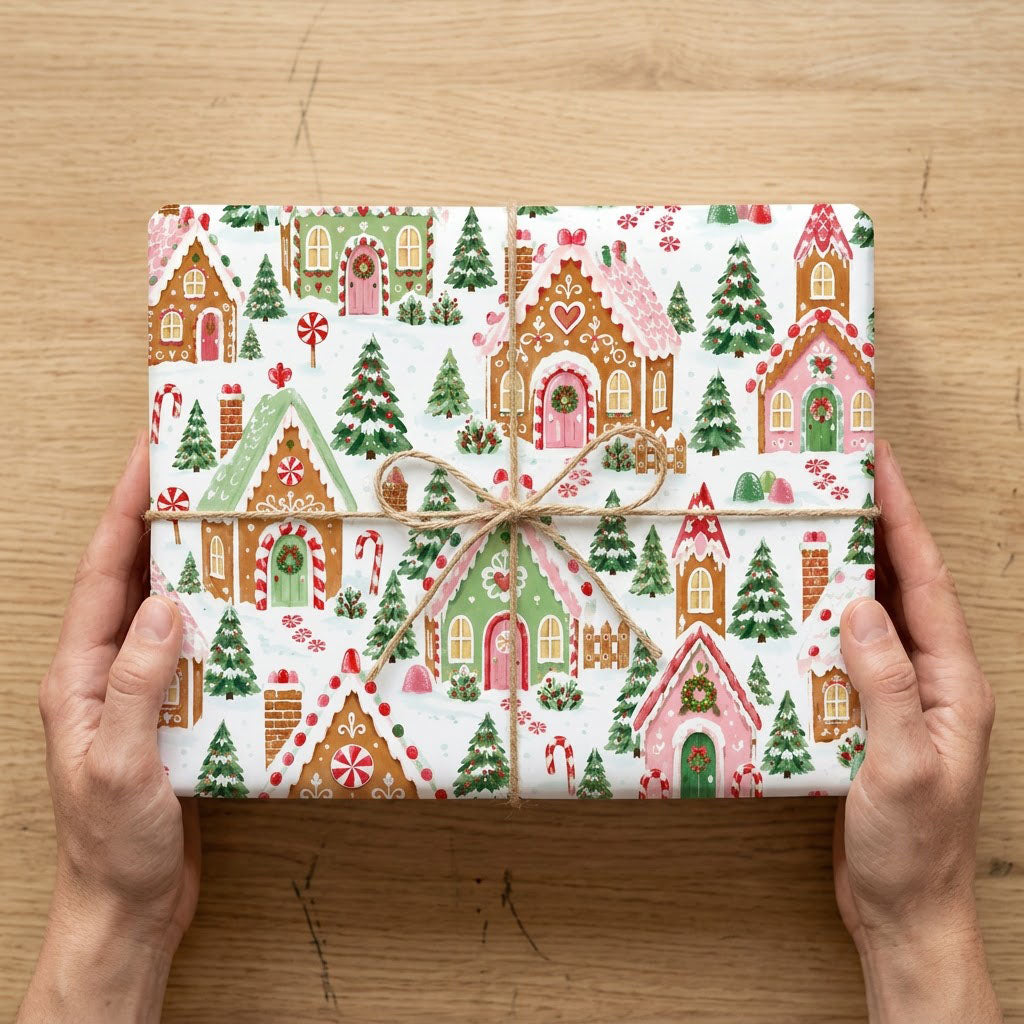 Watercolor gingerbread houses, candy canes, lollipops, pine trees and hearts on snowy white wrapping paper.