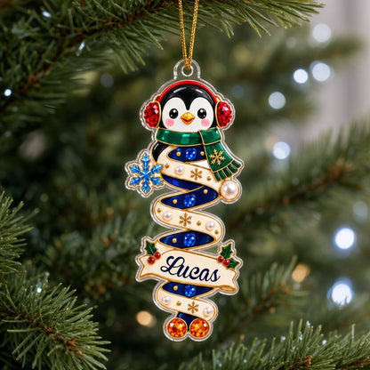 Custom-cut acrylic ornaments with gingerbread and Santa, spiral ribbons, and a holly-framed name banner.
