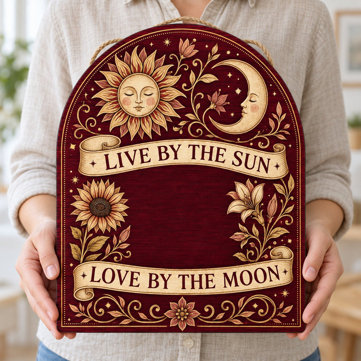Arch sign with sleeping sun and moon, sunflower and lilies, banners reading Live by the Sun and Love by the Moon.