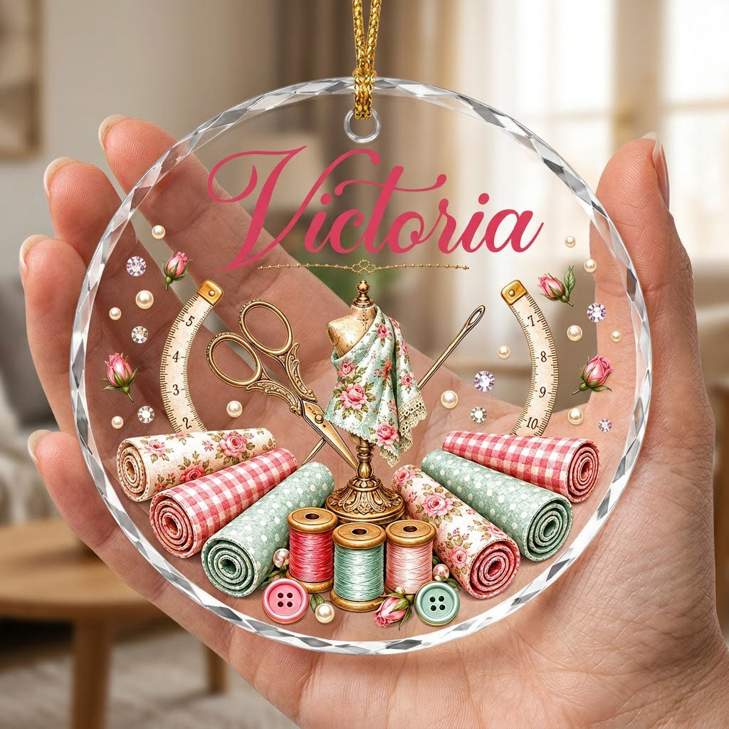 Round faceted glass ornament with a vintage dress form, sewing notions, and personalized name Victoria in pink and gold 