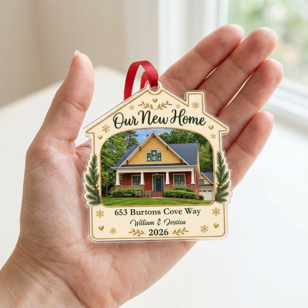 House-shaped acrylic ornament with “Our New Home”, a house photo frame, pine boughs, gold hearts and snowflakes.