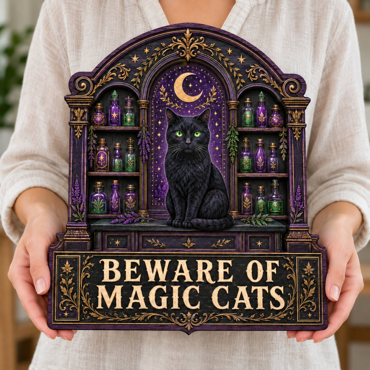 Arched wooden sign with a black cat, crescent moon, night sky, and potion shelves reading Beware of Magic Cats.