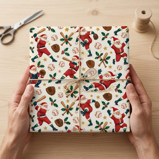 Vintage Santa playing baseball, mitts, crossed bats with holly, baseballs and stars on a cream background.