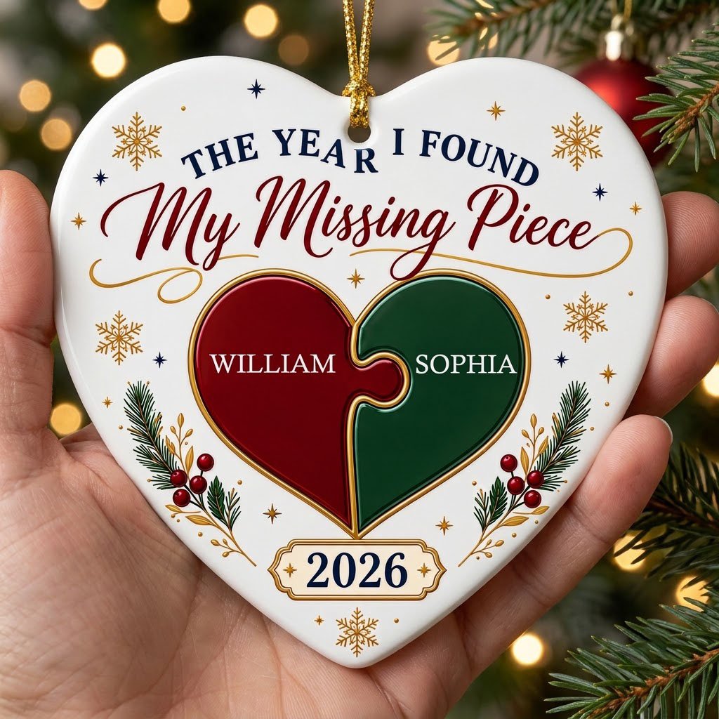 Heart ceramic ornament with red and green interlocking puzzle heart, gold snowflakes and stars, pine sprigs, and custom 