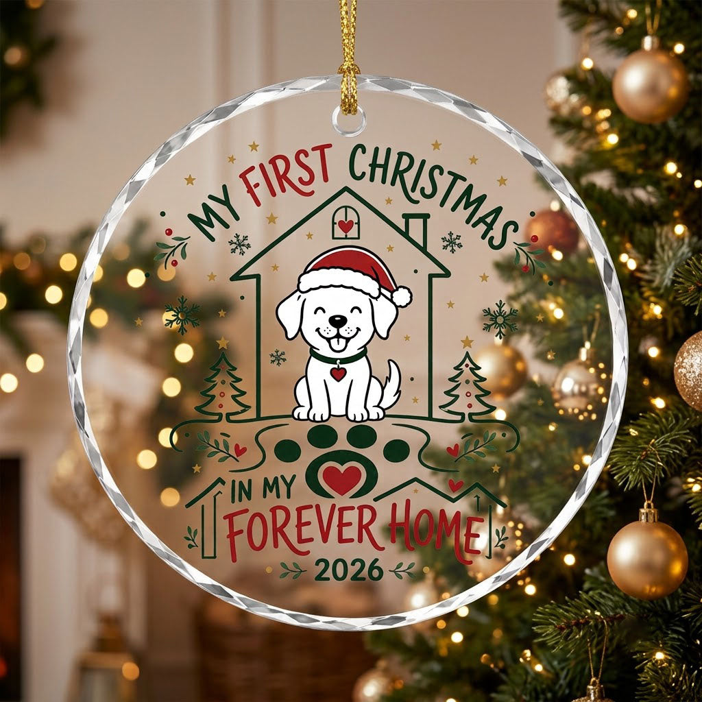 My First Christmas in My Forever Home Sitting Puppy Round Glass Ornament