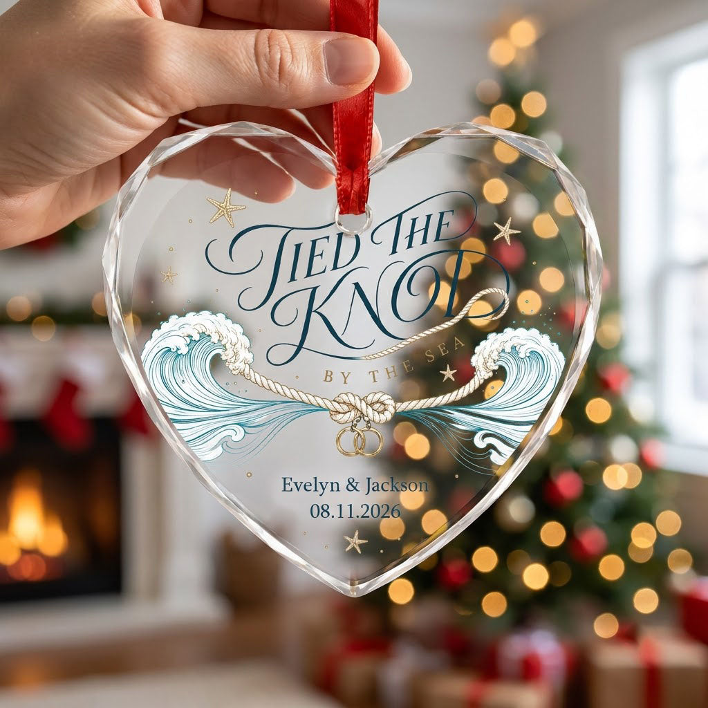 Personalized Tied the Knot by the Sea Beach Wedding Heart Glass Ornament