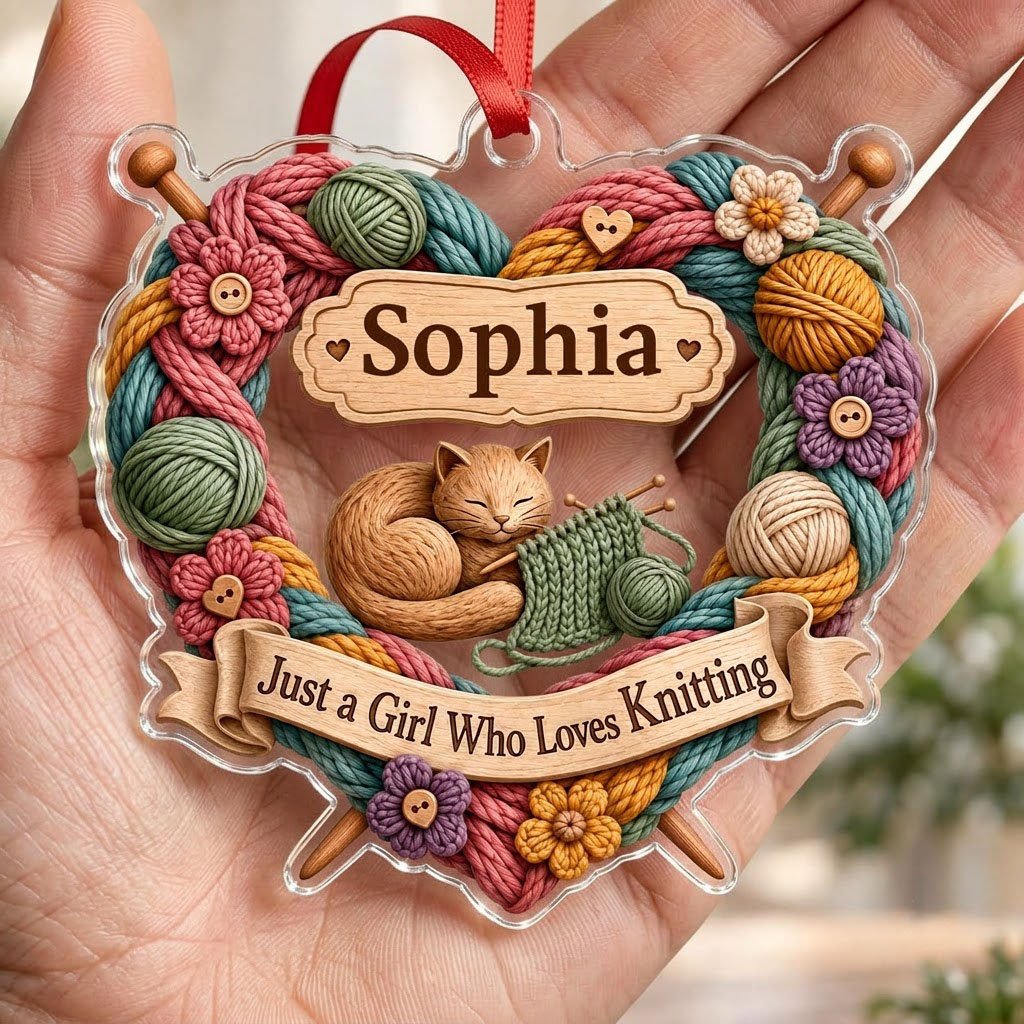 Heart-shaped acrylic ornament with yarn wreath, knitting needles, brown cat and "Just a Girl Who Loves Knitting" text.