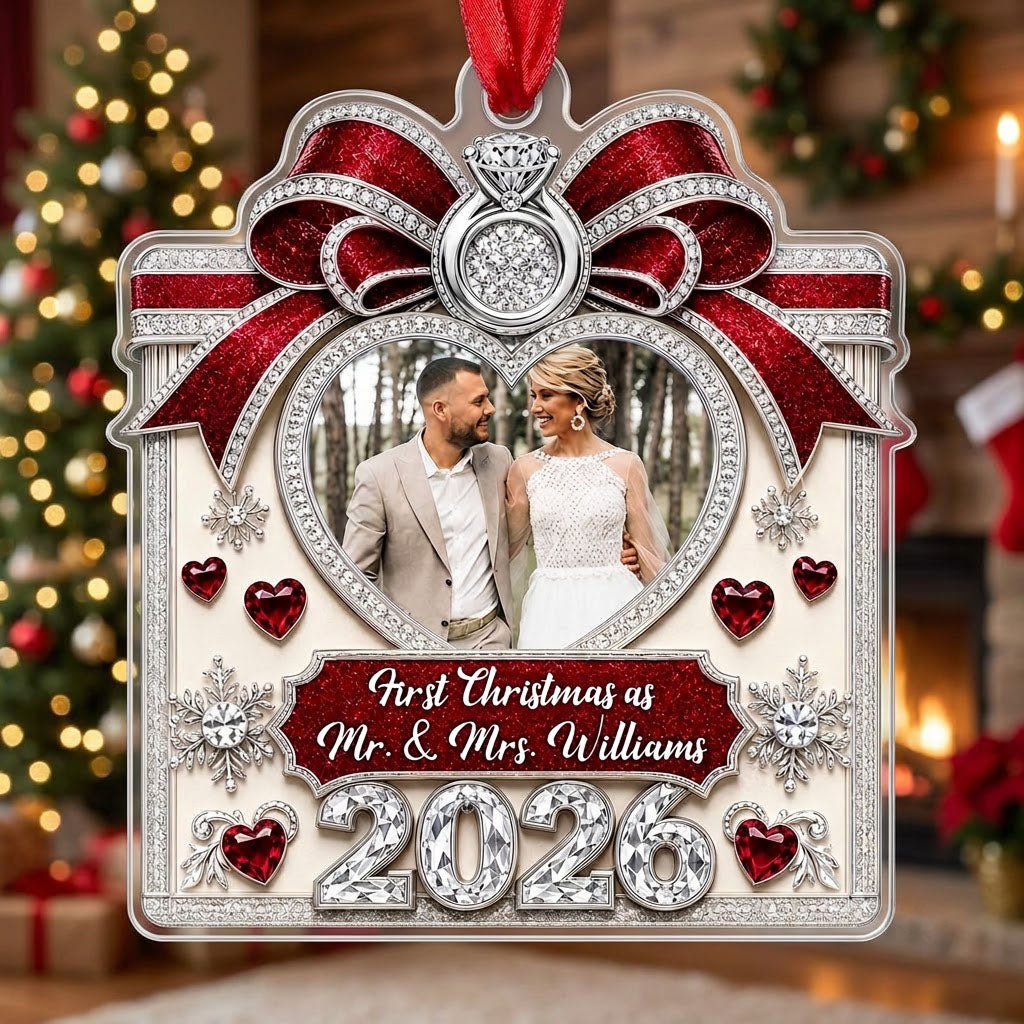 Acrylic ornament with red glitter bow, engagement ring, heart photo frame, snowflakes, and Mr. & Mrs. name and year.