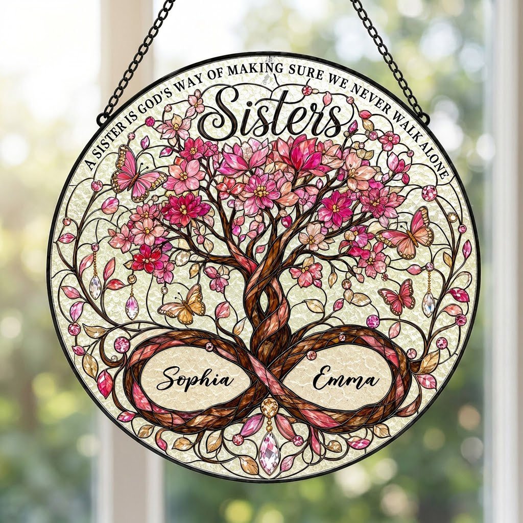 Round stained glass suncatcher with tree of life, pink blossoms, butterflies, and Sisters text with two names.