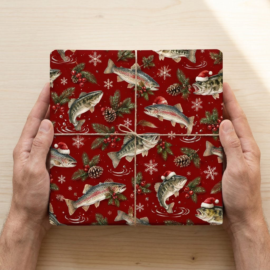 Red Christmas wrapping paper with largemouth bass and rainbow trout, some in Santa hats, pine branches, pinecones, berri