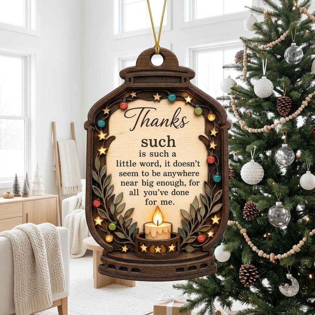 Lantern-shaped wood ornament with candle, colorful fairy lights, leafy branches, and a thank-you quote.