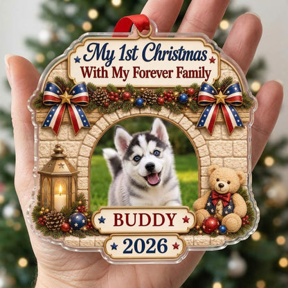 Arched acrylic ornament with stone arch, pine garland, patriotic bows, lantern, teddy bear, and a photo slot.
