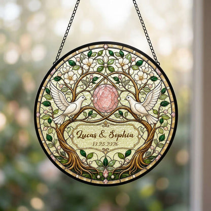 Personalized Wedding Doves & Pink Crystal Gem Floral Tree of Life Stained Glass Round Suncatcher