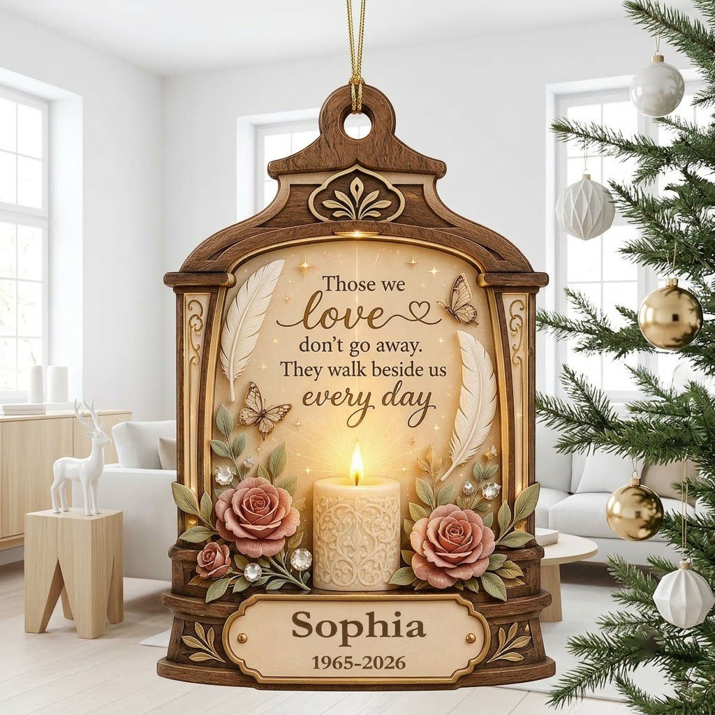 Arched wood-look ornament with lit white candle, two pink roses, butterflies, feathers, and a memorial quote.