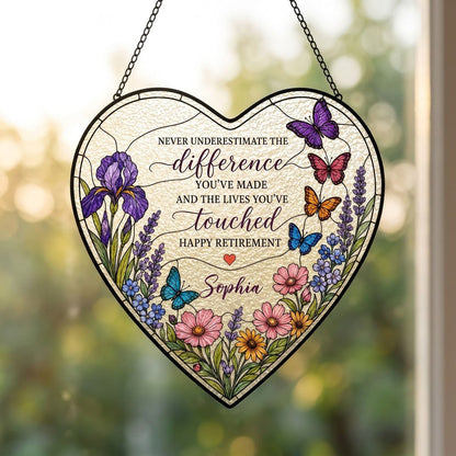 Personalized Retirement Purple Iris Wildflower Never Underestimate The Difference Happy Retirement Heart Stained Glass Suncatcher