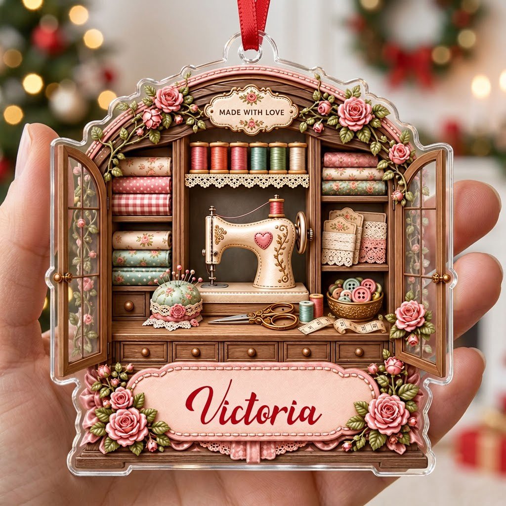 Acrylic ornament shaped like a sewing cabinet with roses, sewing machine, scissors and a pink name banner.