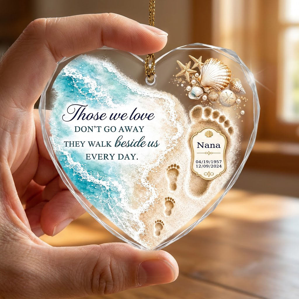 Personalized Beach Footprints Memorial Those We Love Beside Us Heart Glass Ornament