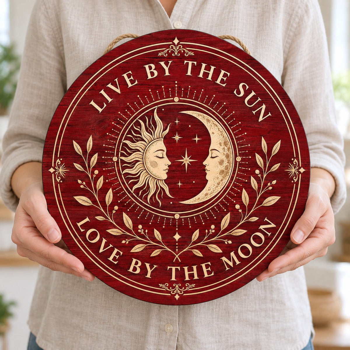 Round wooden sign with sun and crescent moon faces, stars, vines, and the quote Live by the Sun, Love by the Moon.
